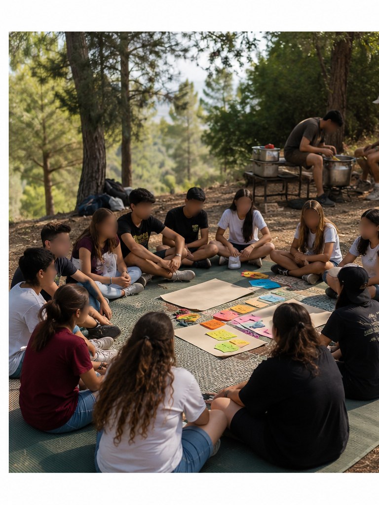 קבוצה יושבת במעגל עם דפים על מחצלת ובישול שדה ברקע