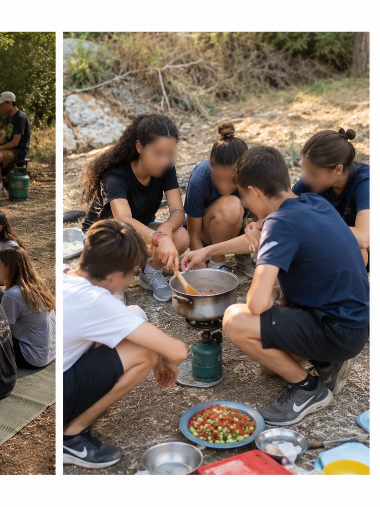 משתתפי הסדנה מבשלים יחד סביב ציוד בישול בטבע
